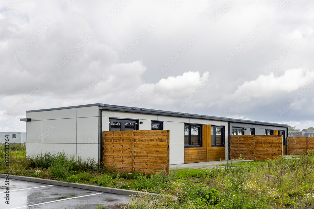 Temporary housing Helper buurt to replace broken houses due to earthquakes and gas extraction in Ten Boer municipality Midden-Groningen in Groningen province The Netherlands. Temporary housing Helper buurt to replace broken houses due to earthquakes and gas extraction in Ten Boer municipality Midden-Groningen in Groningen province The Netherlands.