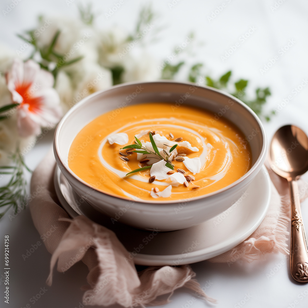 Vegetarian Creamy Pumpkin and Carrot Soup in a Bowl: Healthy Nutritious Cuisine. Vegetarian Creamy Pumpkin and Carrot Soup in a Bowl: Healthy Nutritious Cuisine.