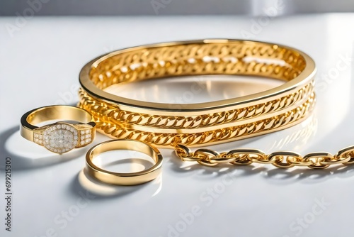 rings, 
Chain shape golden modern bracelet and ring on white podium with copy space stock photo