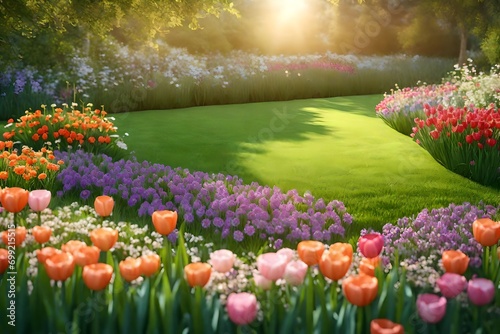 tulips in the park, Search by image or video Beautiful spring garden with flowers and lawn grass, 3D illustration stock photo