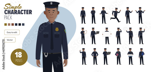 Simple flat police man officer vector character in a set of multiple poses. Easy to edit and isolated on a white background. Modern trendy style character mega pack with lots of poses.