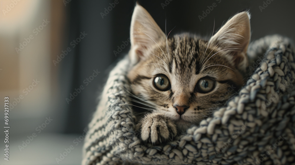 A small kitten is curled up in a cozy blanket, looking at the camera with a curious expression. The kitten is positioned in the center of the image, with its head peeking out from the blanket.