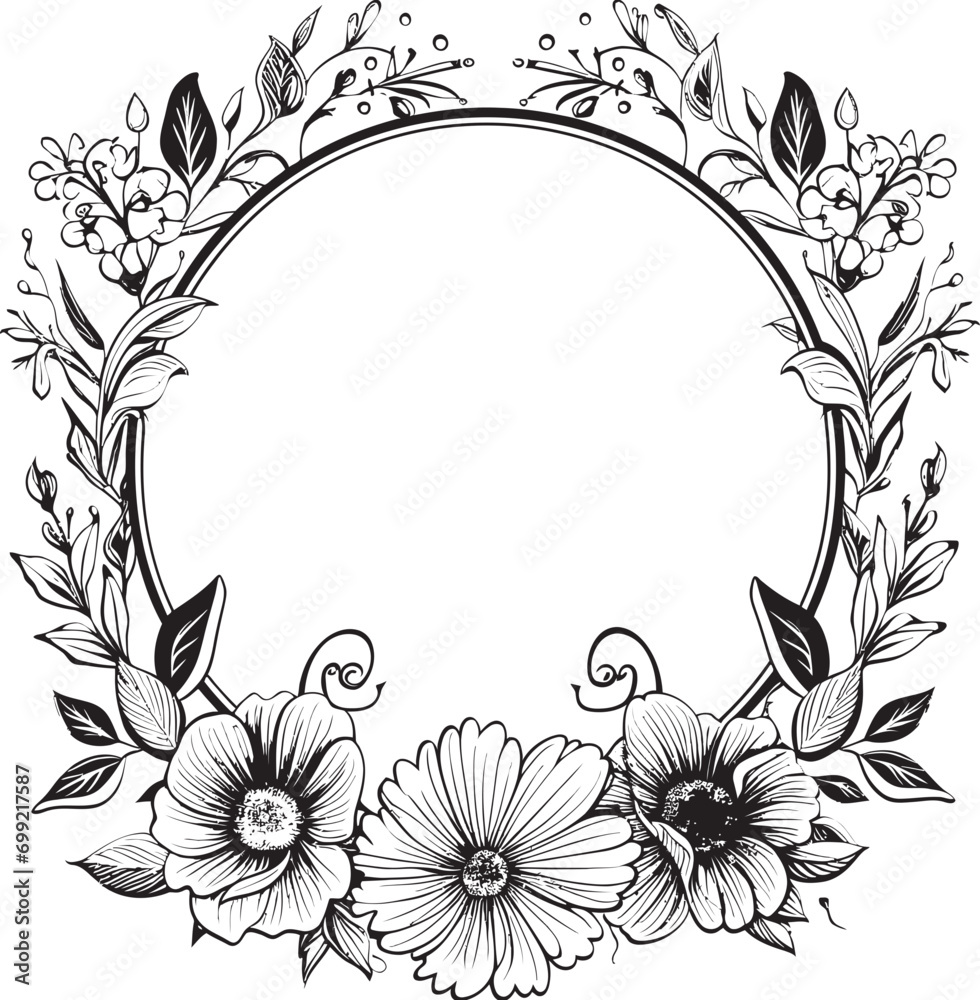 Vintage Petal Enclosure Black Floral Logo Sculpted Ebony Bloom Design Vector Emblem