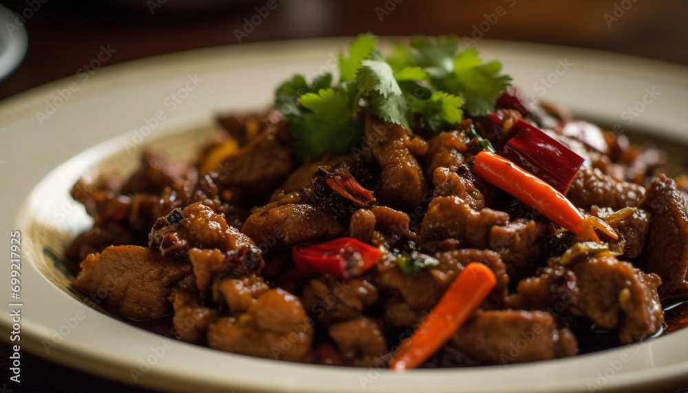 Freshly cooked gourmet meal braised beef stew with savory sauce generated by AI Freshly cooked gourmet meal braised beef stew with savory sauce generated by AI