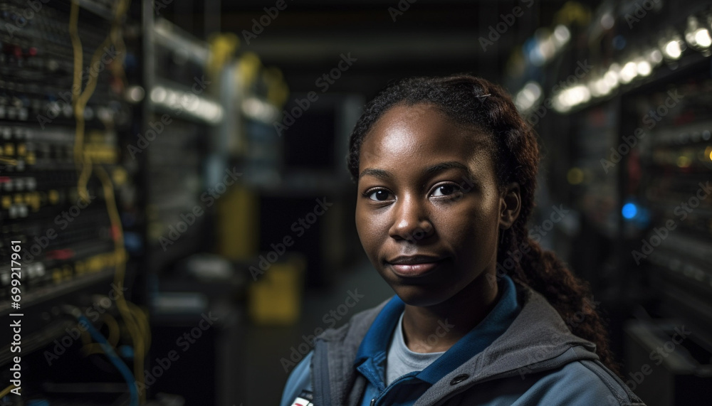 Fototapeta premium Smiling young African woman, confident, working indoors, looking at camera generated by AI