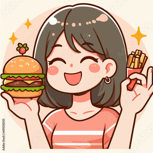 vector character of girl with burger. flat design