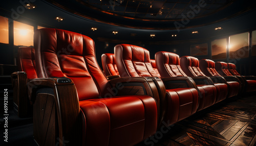Comfortable velvet armchairs in a row, inside a dark auditorium generated by AI