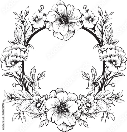 Fototapeta Naklejka Na Ścianę i Meble -  Enchanting Blossoms Vector Logo in Black Chic Floral Impressions Decorative Frame Logo