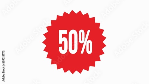 Red sale sticker 50% animation, Discount label Sale 50% Animated Tag for Marketing used for motion Graphics on White Background,4K	 photo