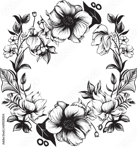 Fototapeta Naklejka Na Ścianę i Meble -  Radiant Bloom Border Decorative Black Logo Graceful Floral Surround Black Frame Emblem
