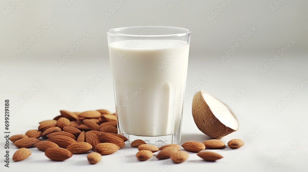 Almond milk in a glass and almonds on a white background. Almond milk in a glass and almonds on a white background.