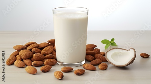 Almond milk in a glass and almonds on a wooden table.