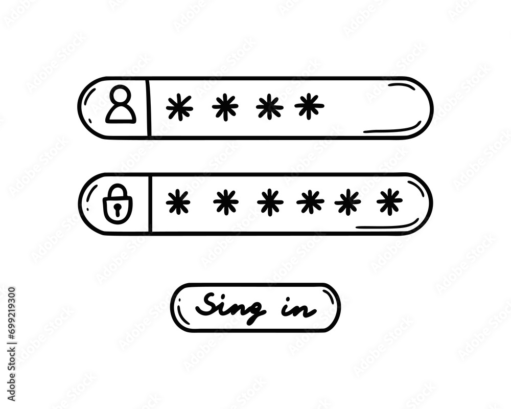 Doodle password register form. User name verification and authorisation. Hand drawn sketch login, logout, sign in illustration. Mobile app and pc user interface Doodle password register form. User name verification and authorisation. Hand drawn sketch login, logout, sign in illustration. Mobile app and pc user interface