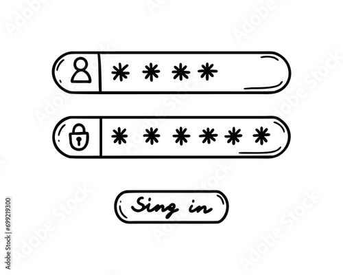 Doodle password register form. User name verification and authorisation. Hand drawn sketch login, logout, sign in illustration. Mobile app and pc user interface