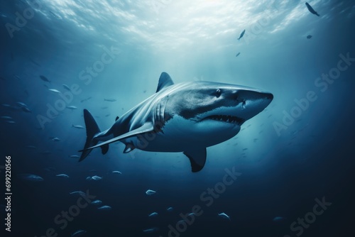 a big shark swimming in the deep blue water © grigoryepremyan