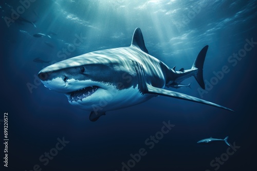a big shark swimming in the deep blue water