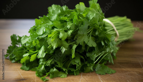 Fresh parsley leaf, healthy eating, organic vegetable, close up on cutting board generated by AI