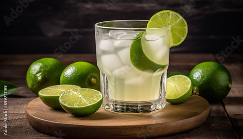 Refreshing lime drink with citrus fruit, ice, and lemon slice generated by AI