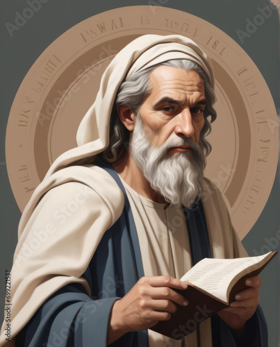Prophet Isaiah - Realistic flat illustration of a biblical figure with a scroll, surrounded by geometric shapes in high resolution Gen AI photo