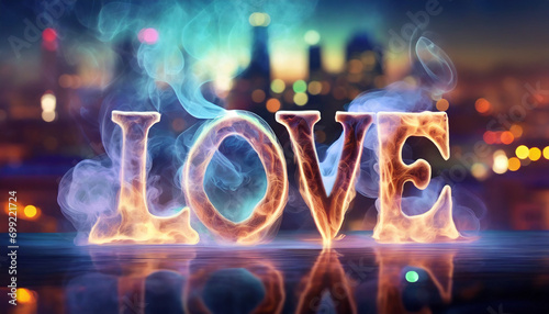 Text Love, made in smoke on blurred background of a city at night