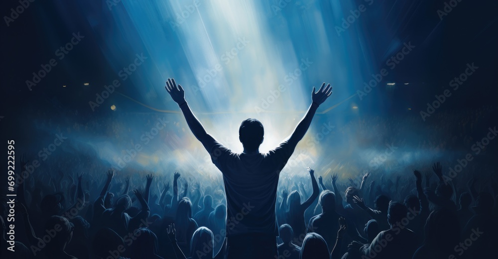 man in audience at the concert with arms raised in front of light