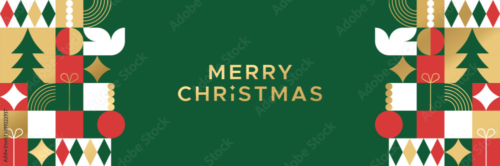 Merry christmas modern geometric banner template. Abstract xmas holiday mosaic poster with winter decoration. Festive party invitation, minimalist december event greeting card.