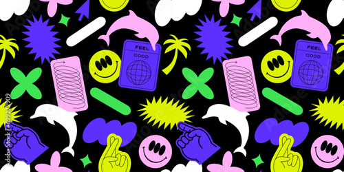 Retro Y2K symbol seamless pattern illustration. Futuristic geometric sticker background with geometry icon label, fun colorful shape wallpaper print.