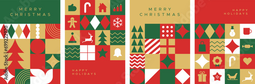 Merry christmas modern geometric banner template set. Abstract xmas holiday mosaic poster collection with winter decoration. Festive party invitation, minimalist december event greeting card bundle.