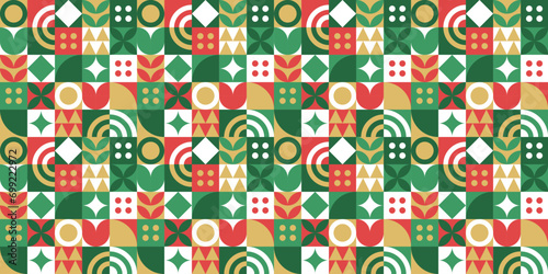 Modern geometric christmas mosaic seamless pattern. Abstract xmas holiday icon background with traditional winter decoration. Festive party invitation texture, minimalist december event print.