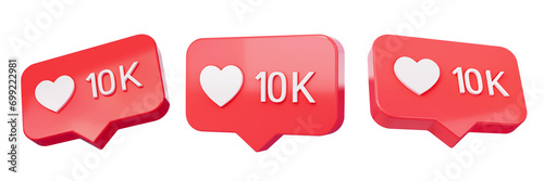 Set of Heart Ten Thousand Likes in red speech bubble icon on empty background. Love like heart social media notification icon. Emoji, chat and Social Network. 3d rendering,3D Illustration. photo
