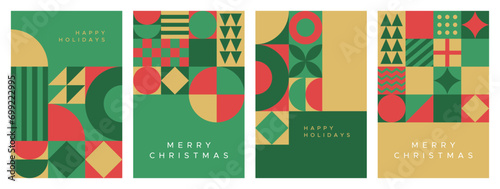 Merry christmas modern geometric banner template set. Abstract xmas holiday mosaic poster collection with winter decoration. Festive party invitation, minimalist december event greeting card bundle.