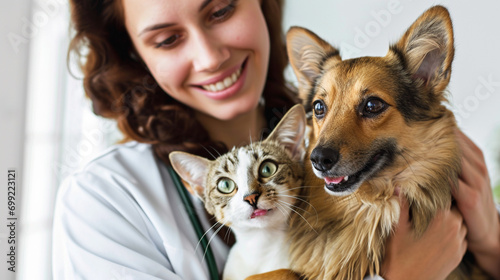 Veterinario posando con animales como perro, gato o loro photo