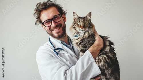 Veterinario posando con animales como perro, gato o loro