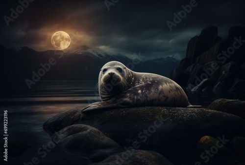 seal lies on the rocks photo