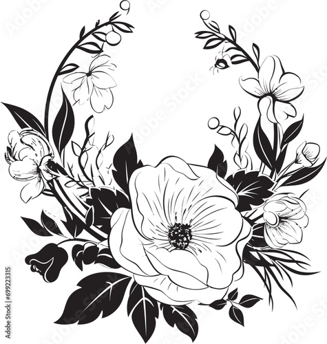 Noir Blossom Reverie Monochrome Hand Drawn Floral Art Chic Inked Petal Odyssey Black Floral Emblem Vectors