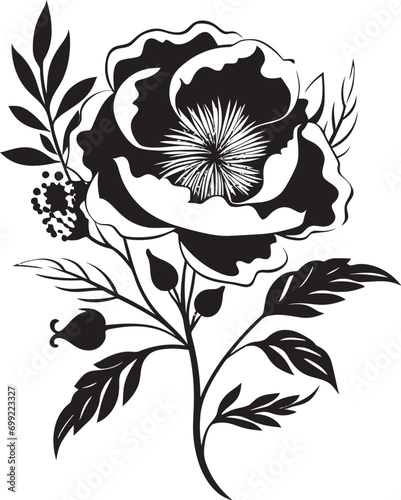 Vintage Inked Garden Tales Noir Vector Logo Elements Noir Blossom Reverie Monochrome Hand Drawn Floral Art