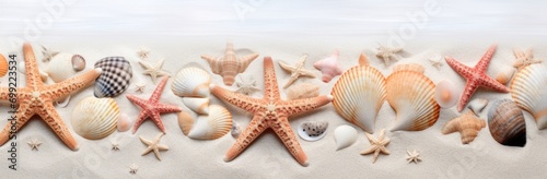  tropical seashells and starfish on the beach of the caribbean