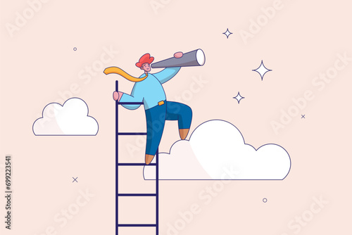 Growth or growing concept. Progress to next level, career development or business improvement reaching better quality, ambitious businessman climbing up ladder to cloud level to reach next level.