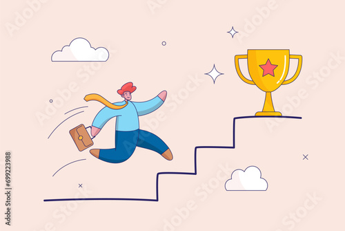 Career development concept. Take small steps to achieve big goal, growing wisely slow and steady to reach target and achieve success, confidence businessman take slow small stair steps to reach goal.