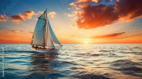 a wooden sailing boat in the ocean at sunset