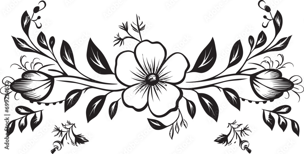 Dainty Flora Hand Drawn Black Icon Vintage Floral Elegance Black Vector Emblem
