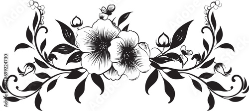 Fototapeta Naklejka Na Ścianę i Meble -  Vintage Noir Bloom Studies Black Vector Floral Icons Artistic Noir Botanicals Hand Drawn Emblem Sketches
