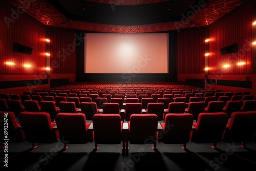 Empty red cinema hall with white screen and seats.