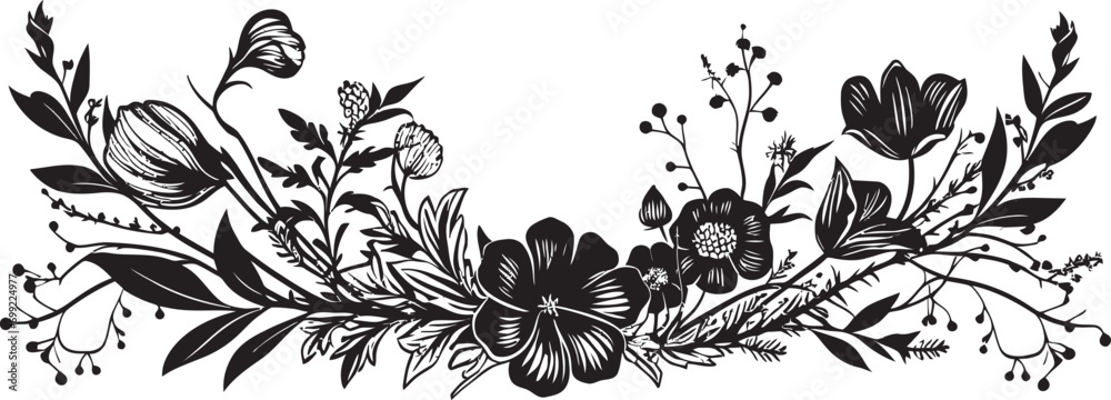 Inkwell Armature Structured lines and graceful florals set the tone for a sophisticated gathering Midnight Bloom Elegance dances in strokes of black, your soiree awaits. - obrazy, fototapety, plakaty 