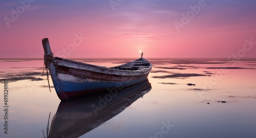 small old ship moored on the lake at sunset