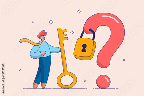 Wisdom or understanding concept. Key to unlock answer for problem and questions, solution or reason to solve problem, smart businessman holding golden key to unlock keyhole on question mark sign.