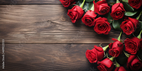 Happy Valentine's Day with red roses over rustic wood background with copyspace #699225133