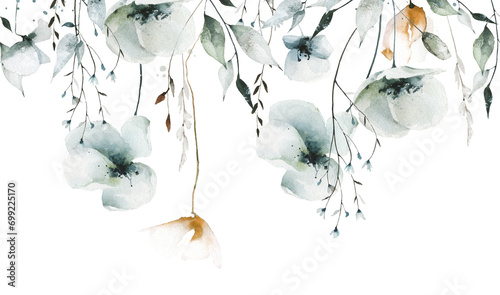 Watercolor painted floral seamless border of pastel blue, gray, orange poppy, wild flowers, leaves, branches, herbs. Hand drawn illustration. Watercolour artistic drawing.