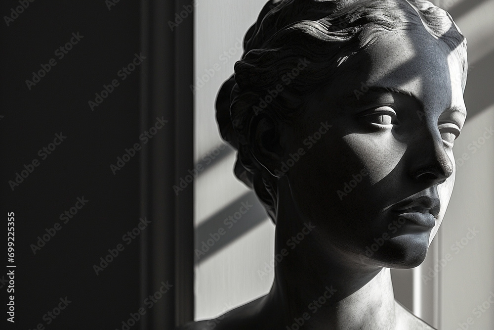 elegant photo featuring dramatic lighting on a classical statue, emphasizing its sculptural details in a minimalistic frame