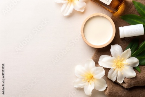 Elegant spa relaxation setting with white flowers, aromatherapy oil perfume, and a glowing candle, emphasizing luxury wellness